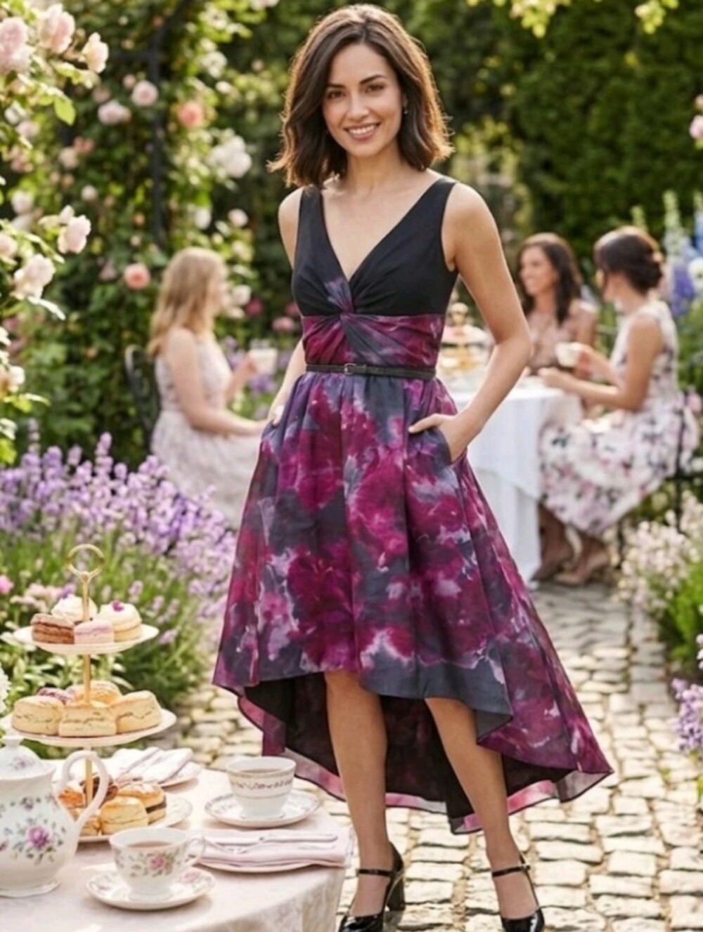 Lela Rose Black and Purple Floral High-Low V-Neck Dress
